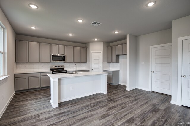 kitchen with dark hardwood / wood-style flooring, gray cabinetry, stainless steel appliances, sink, and an island with sink