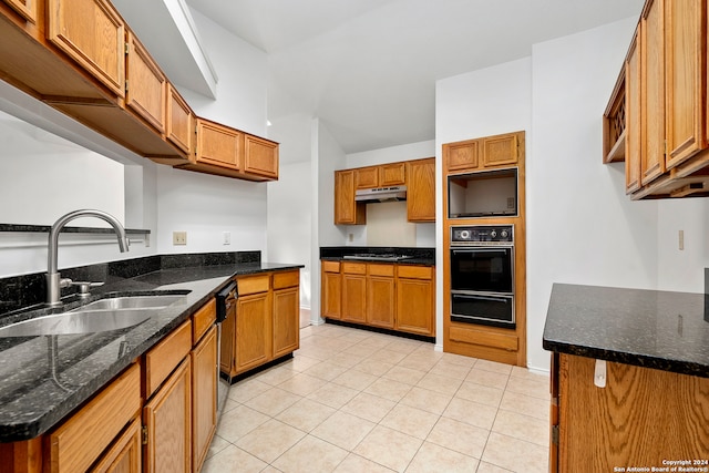 kitchen with sink, gas stovetop, stainless steel dishwasher, and light tile floors