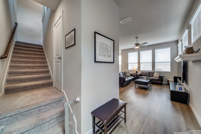 stairs featuring wood-type flooring and ceiling fan