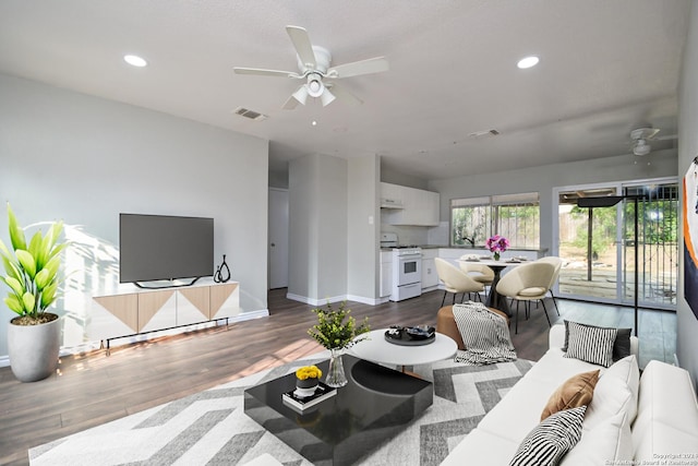 living room with ceiling fan, sink, and wood-type flooring