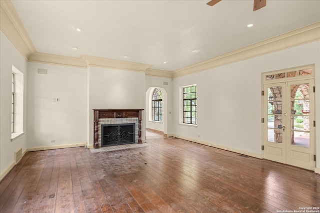 unfurnished living room with french doors, ceiling fan, ornamental molding, and hardwood / wood-style floors