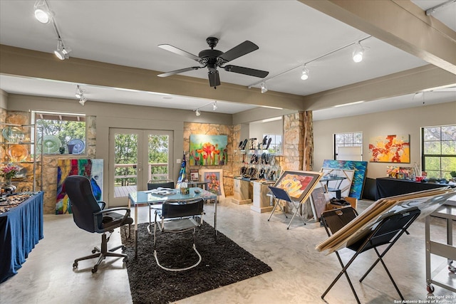 office with track lighting, french doors, and ceiling fan