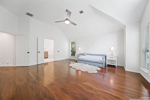 bedroom featuring dark wood-type flooring, ceiling fan, and lofted ceiling