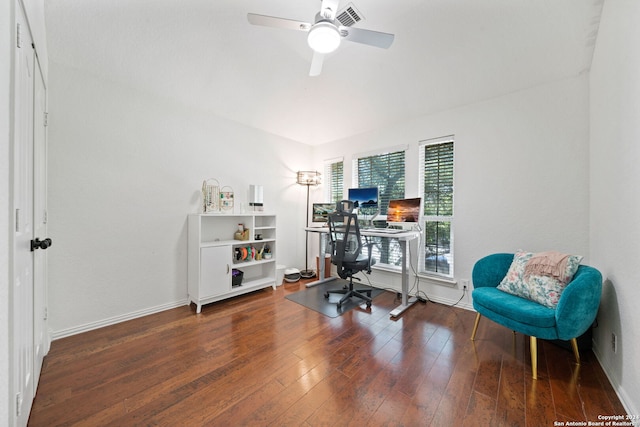 office space featuring ceiling fan and dark hardwood / wood-style floors