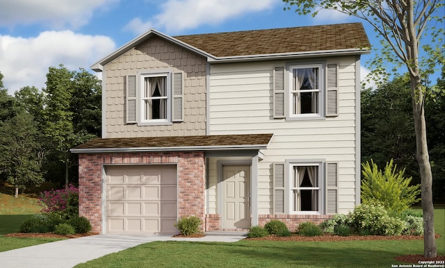 view of front of property featuring a garage and a front yard