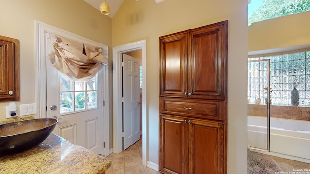 entryway featuring sink and vaulted ceiling