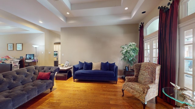 living room featuring a tray ceiling and light hardwood / wood-style floors