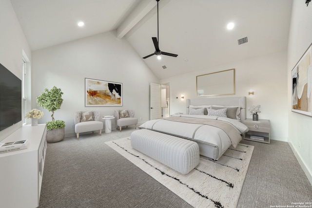 carpeted bedroom featuring beam ceiling, ceiling fan, and high vaulted ceiling