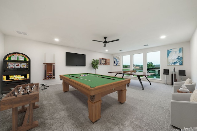 recreation room with carpet flooring, ceiling fan, and billiards