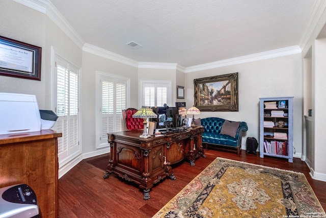 office space featuring ornamental molding, dark hardwood / wood-style floors, and a textured ceiling