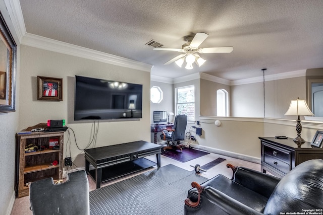 workout room with ceiling fan, ornamental molding, carpet floors, and a textured ceiling