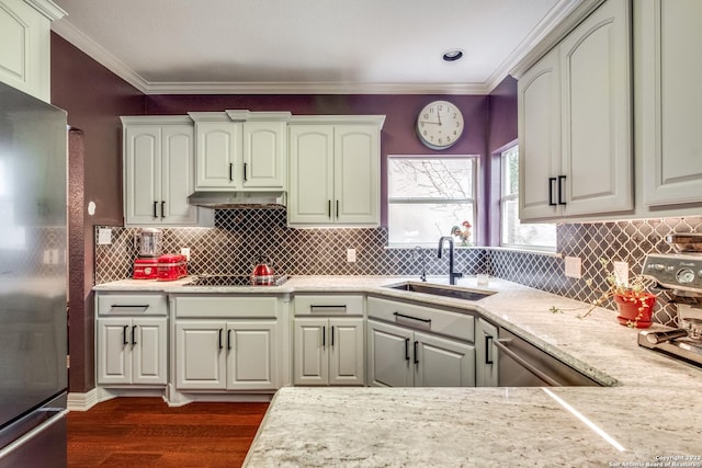 kitchen with sink, crown molding, appliances with stainless steel finishes, light stone counters, and dark hardwood / wood-style flooring