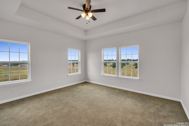 carpeted spare room featuring ceiling fan and a tray ceiling