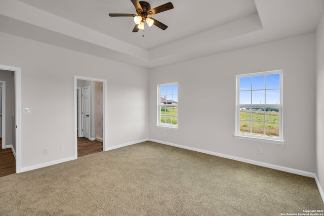 empty room with carpet flooring, plenty of natural light, ceiling fan, and a raised ceiling