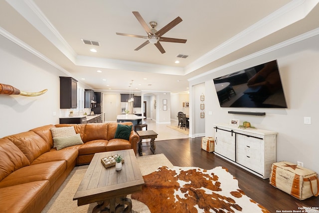 living room with a raised ceiling, crown molding, and dark hardwood / wood-style floors