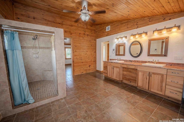 bathroom with vanity, lofted ceiling, wooden ceiling, and a shower with shower curtain