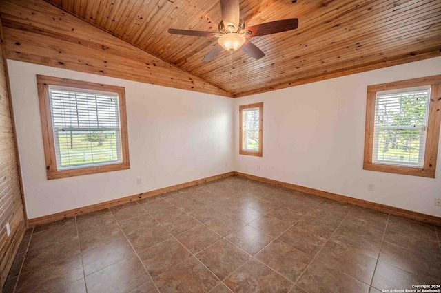 empty room with vaulted ceiling, wooden ceiling, and ceiling fan