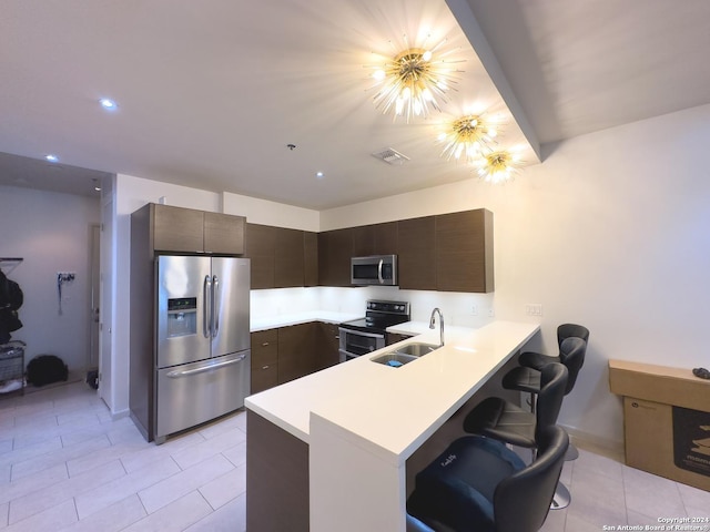 kitchen featuring kitchen peninsula, a breakfast bar, dark brown cabinets, stainless steel appliances, and sink