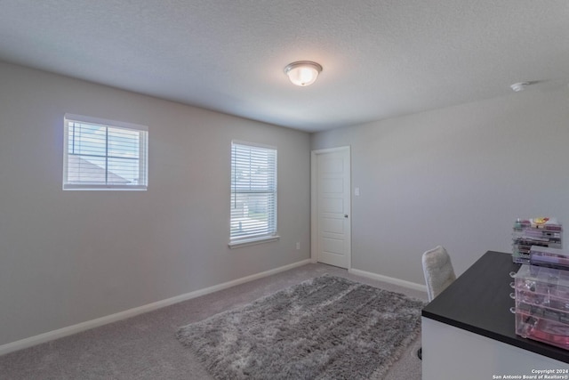 unfurnished office featuring plenty of natural light, carpet floors, and a textured ceiling