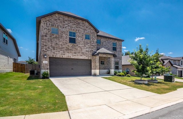 view of front facade featuring central AC, a garage, and a front lawn