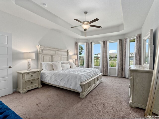 carpeted bedroom with a tray ceiling and ceiling fan