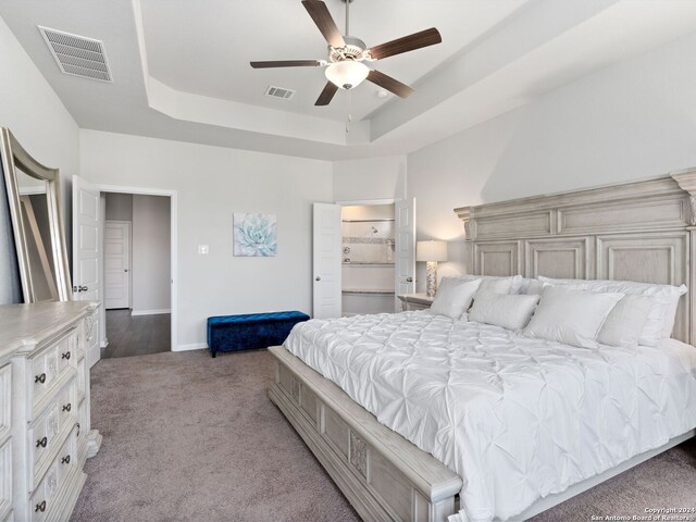 bedroom featuring a tray ceiling, carpet, ceiling fan, and ensuite bath