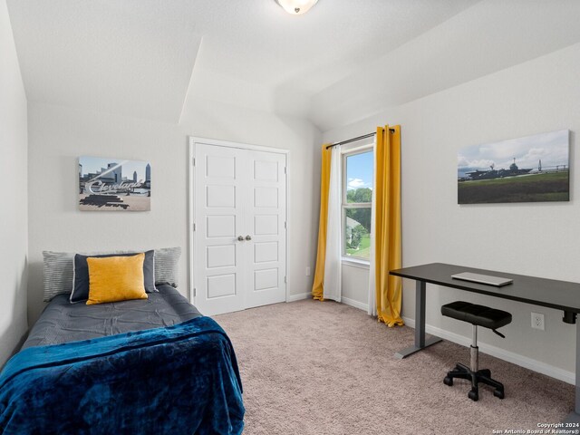 bedroom featuring carpet and vaulted ceiling