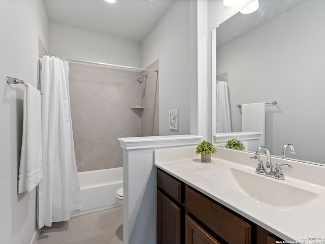 full bathroom featuring shower / bathtub combination with curtain, tile flooring, toilet, and oversized vanity