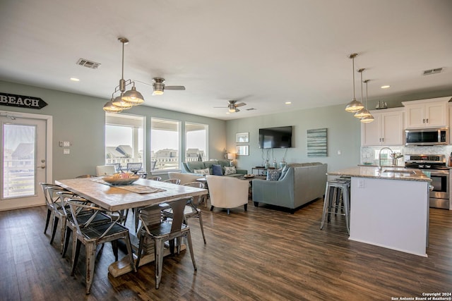 dining room featuring sink, dark wood-type flooring, and plenty of natural light