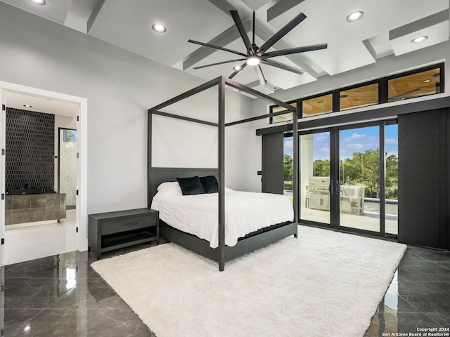 tiled bedroom featuring access to exterior, french doors, ensuite bathroom, and ceiling fan