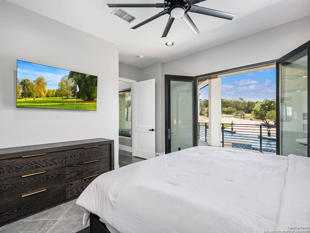 tiled bedroom featuring access to outside and ceiling fan