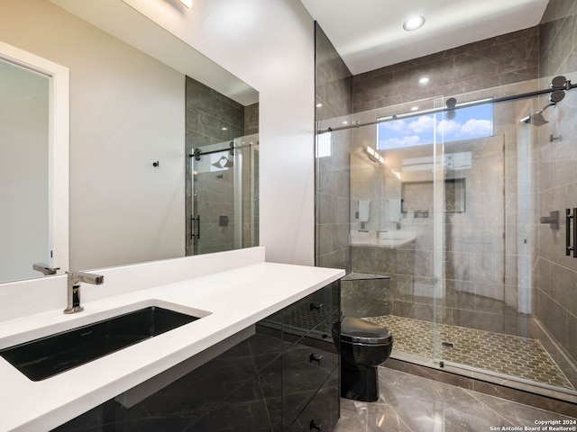 bathroom featuring vanity, toilet, tile patterned flooring, and an enclosed shower