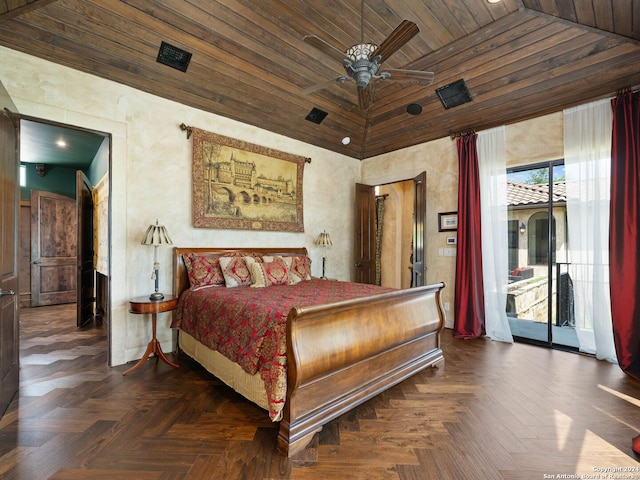 bedroom featuring ceiling fan, dark parquet flooring, access to exterior, and wooden ceiling