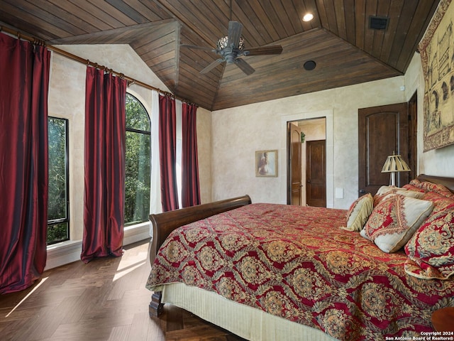 bedroom featuring wooden ceiling, ceiling fan, dark parquet floors, and multiple windows