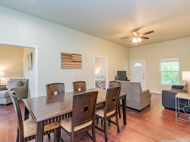 dining room featuring wood-type flooring and ceiling fan