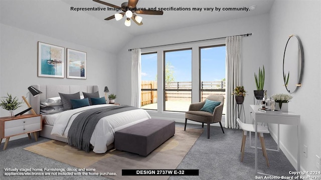 bedroom with light colored carpet, vaulted ceiling, and ceiling fan