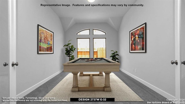 recreation room featuring carpet flooring, lofted ceiling, and billiards