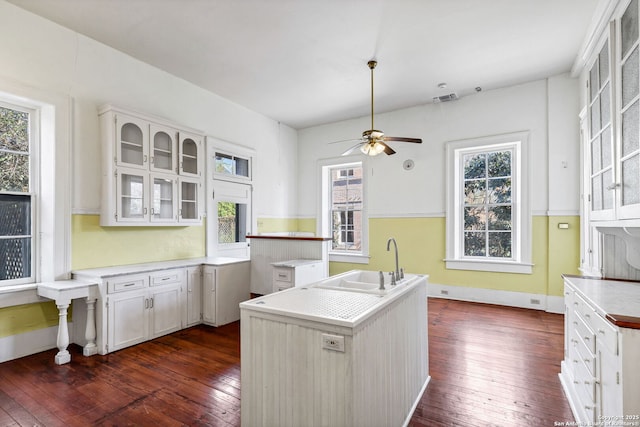 kitchen with dark wood-type flooring, a sink, visible vents, and white cabinets