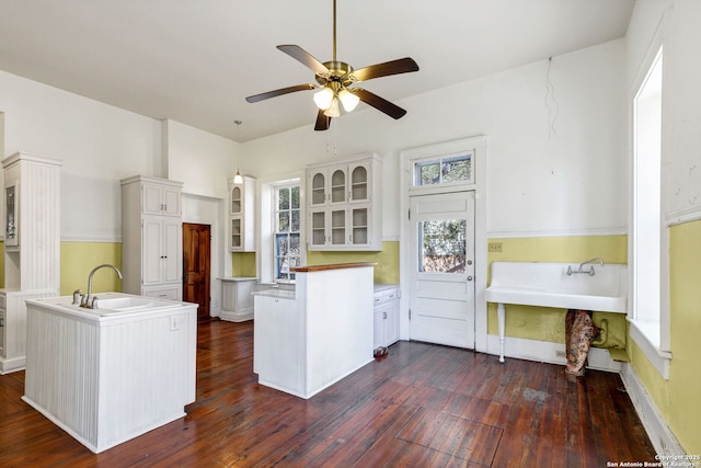 kitchen with a peninsula, a sink, white cabinetry, dark wood-style floors, and glass insert cabinets