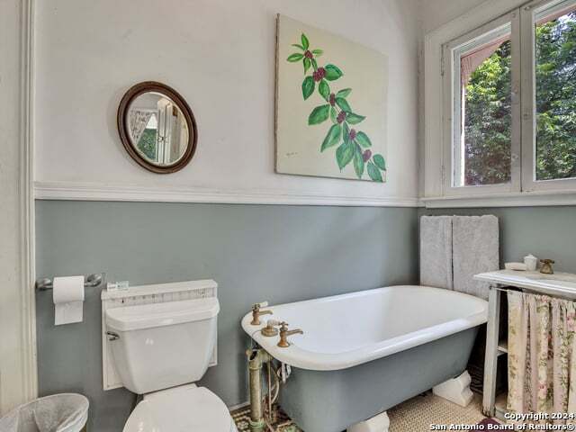 bathroom featuring toilet and a soaking tub