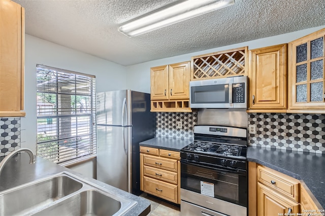 kitchen with backsplash, sink, appliances with stainless steel finishes, and a textured ceiling