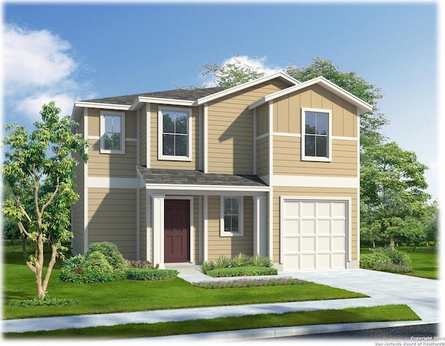 view of front facade featuring a front lawn and a garage