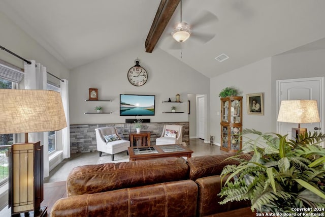 120 Sierra Way, Canyon Lake, TX 78133 - living room with vaulted ceiling with beams and ceiling fan