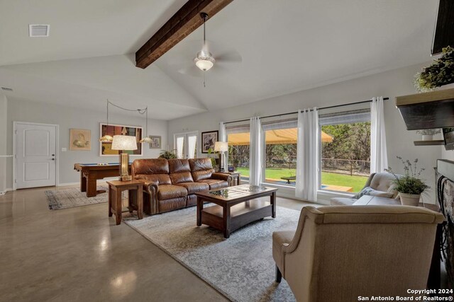120 Sierra Way, Canyon Lake, TX 78133 - living room with lofted ceiling with beams, ceiling fan, and billiards