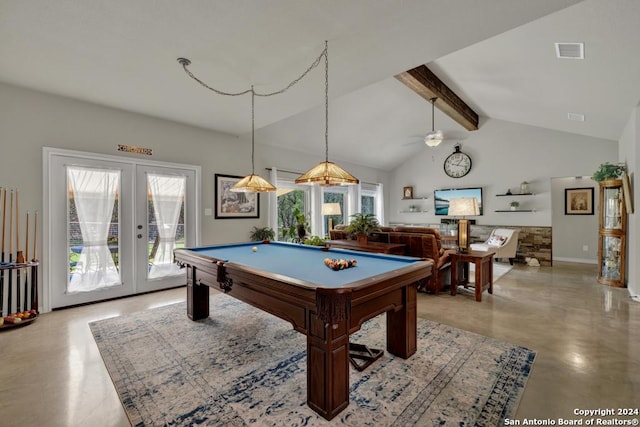 120 Sierra Way, Canyon Lake, TX 78133 - playroom with french doors, lofted ceiling with beams, ceiling fan, and pool table