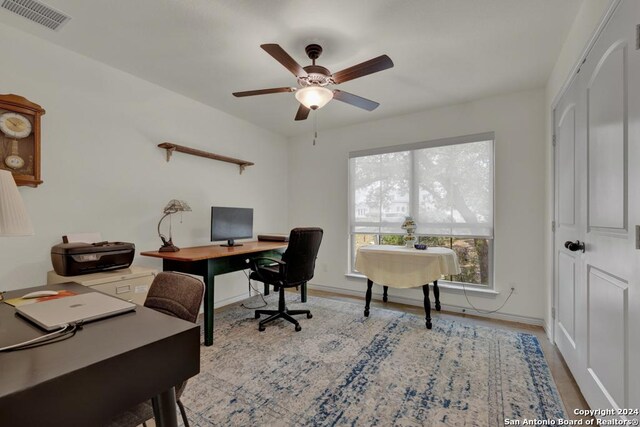 120 Sierra Way, Canyon Lake, TX 78133 - office area with ceiling fan and light hardwood / wood-style flooring