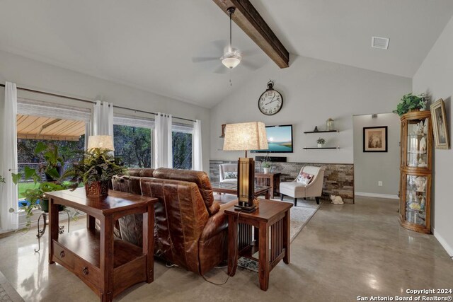 120 Sierra Way, Canyon Lake, TX 78133 - living room with vaulted ceiling with beams and ceiling fan