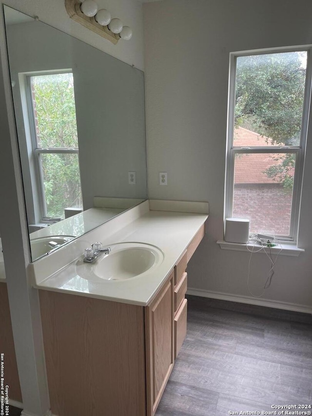 bathroom featuring plenty of natural light, vanity, and hardwood / wood-style floors