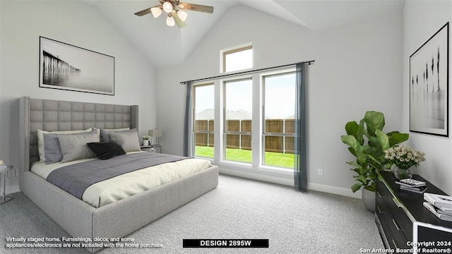 bedroom featuring carpet, high vaulted ceiling, and ceiling fan