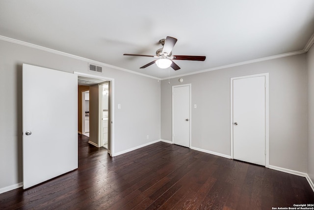 unfurnished bedroom with ceiling fan, ornamental molding, and dark hardwood / wood-style floors